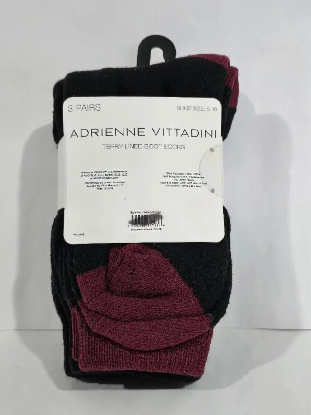 3-Pack Adrienne Vittadini Women's Terry Lined Boot Socks Black & Maroon